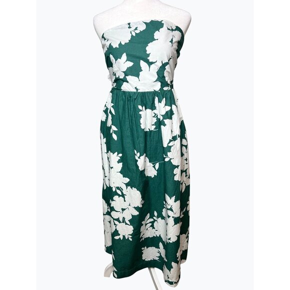 Cynthia Rowley Green & White Floral Strapless Midi Dress Elastic Smocked Back 14 - Picture 7 of 13